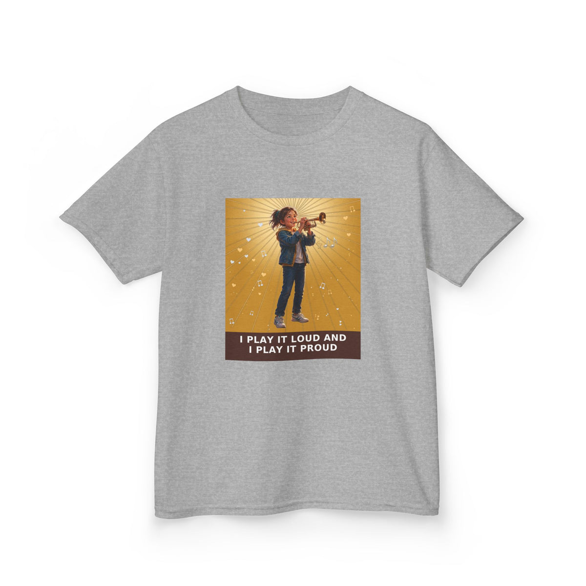 I Play It Loud and I Play It Proud — Girl Trumpet Pre-Teen Musician Tee (Golden Amber) (Budget Edition) (Front Print)