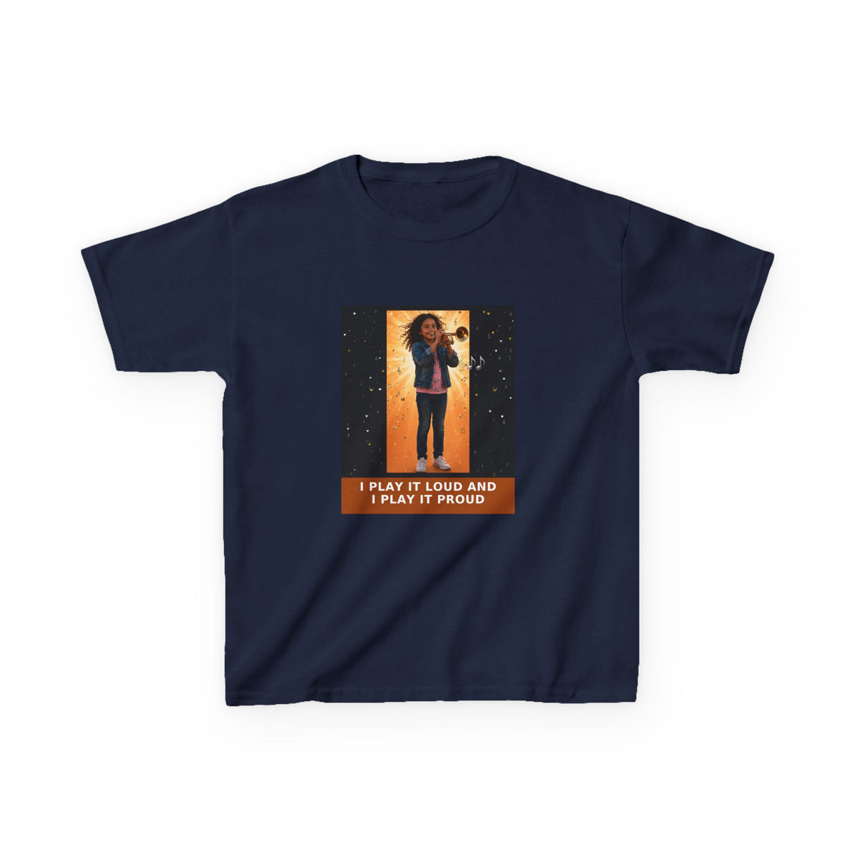 I Play It Loud and I Play It Proud — Latina Girl Trumpet Pre-Teen Musician Tee (Budget Edition) (Front Print)