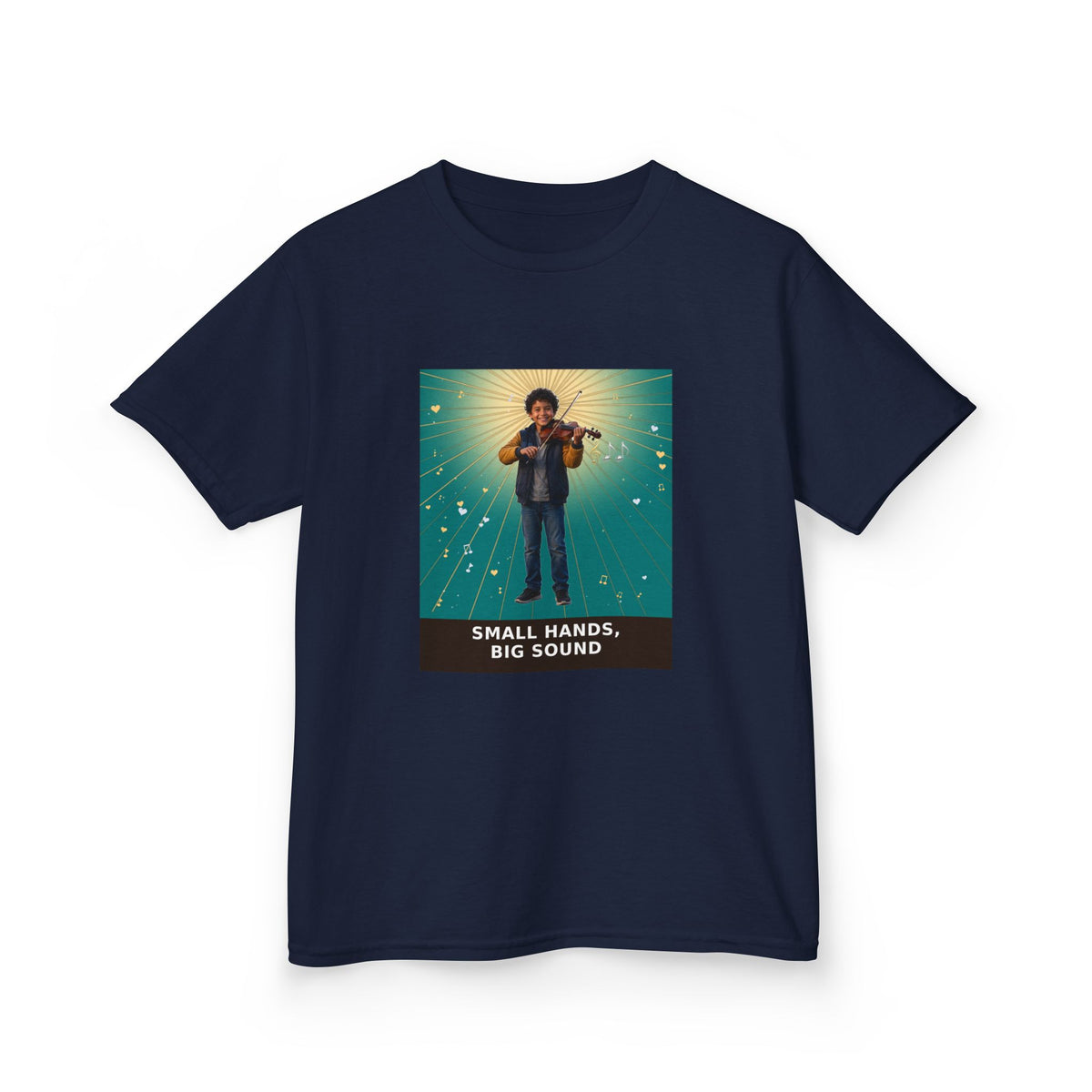 Small Hands, Big Sound — Latino Boy Violin Pre-Teen Musician Tee (Teal) (Budget Edition) (Front Print)