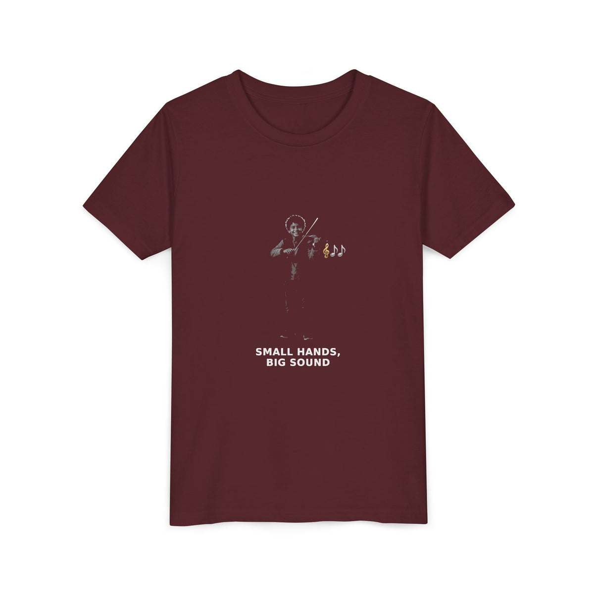Small Hands, Big Sound — Latino Boy Violin Pre-Teen Musician Tee (White Ink) (Front Print)