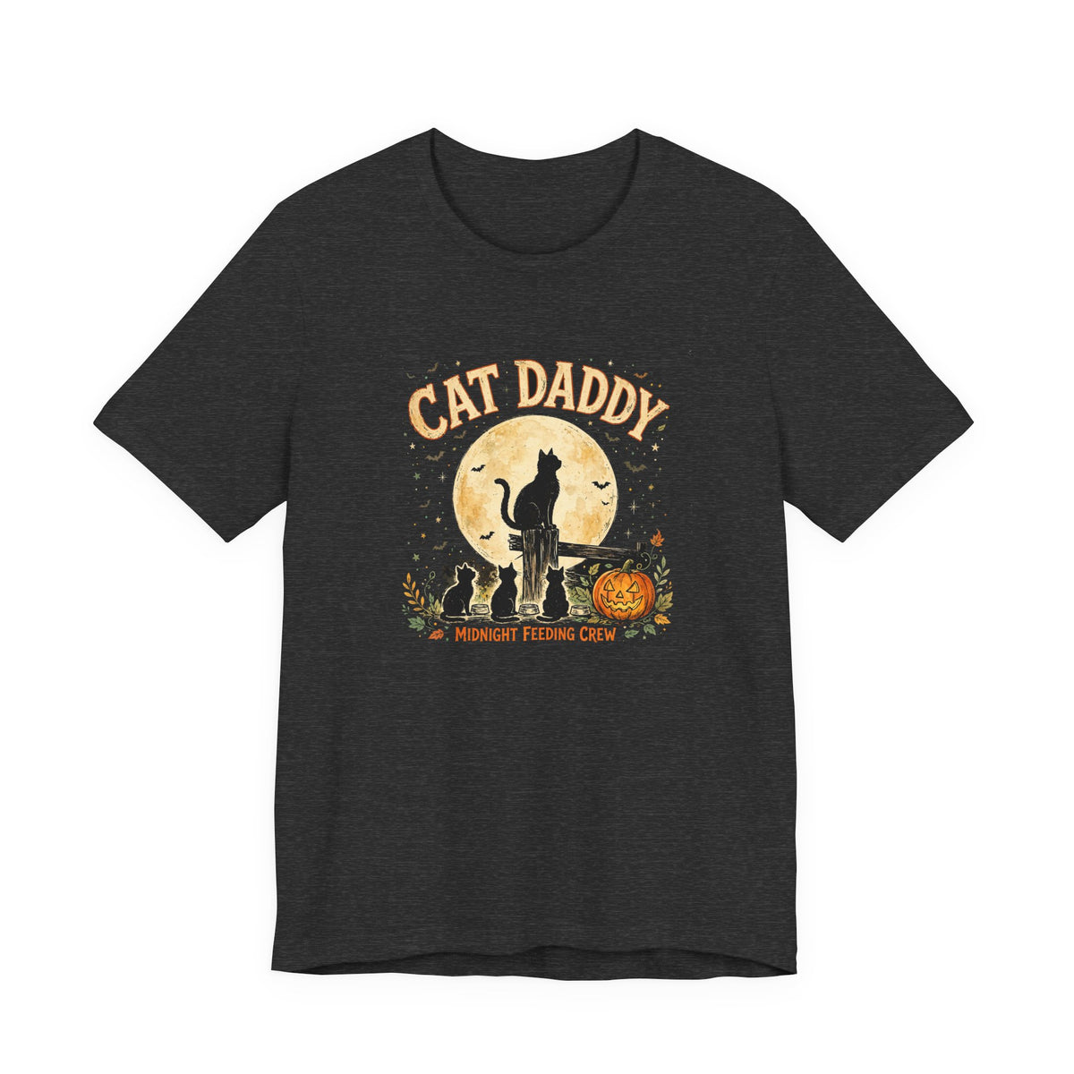 Cat Daddy Halloween T-Shirt - Midnight Feeding Crew Black Cat Full Moon Vintage Tee, Funny Feral Cat Lover Gift