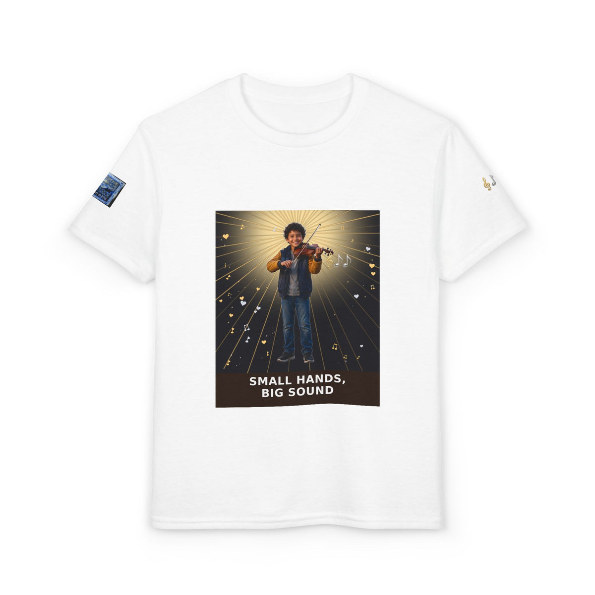Small Hands, Big Sound — Latino Boy Violin Pre-Teen Musician Tee (Budget Edition)