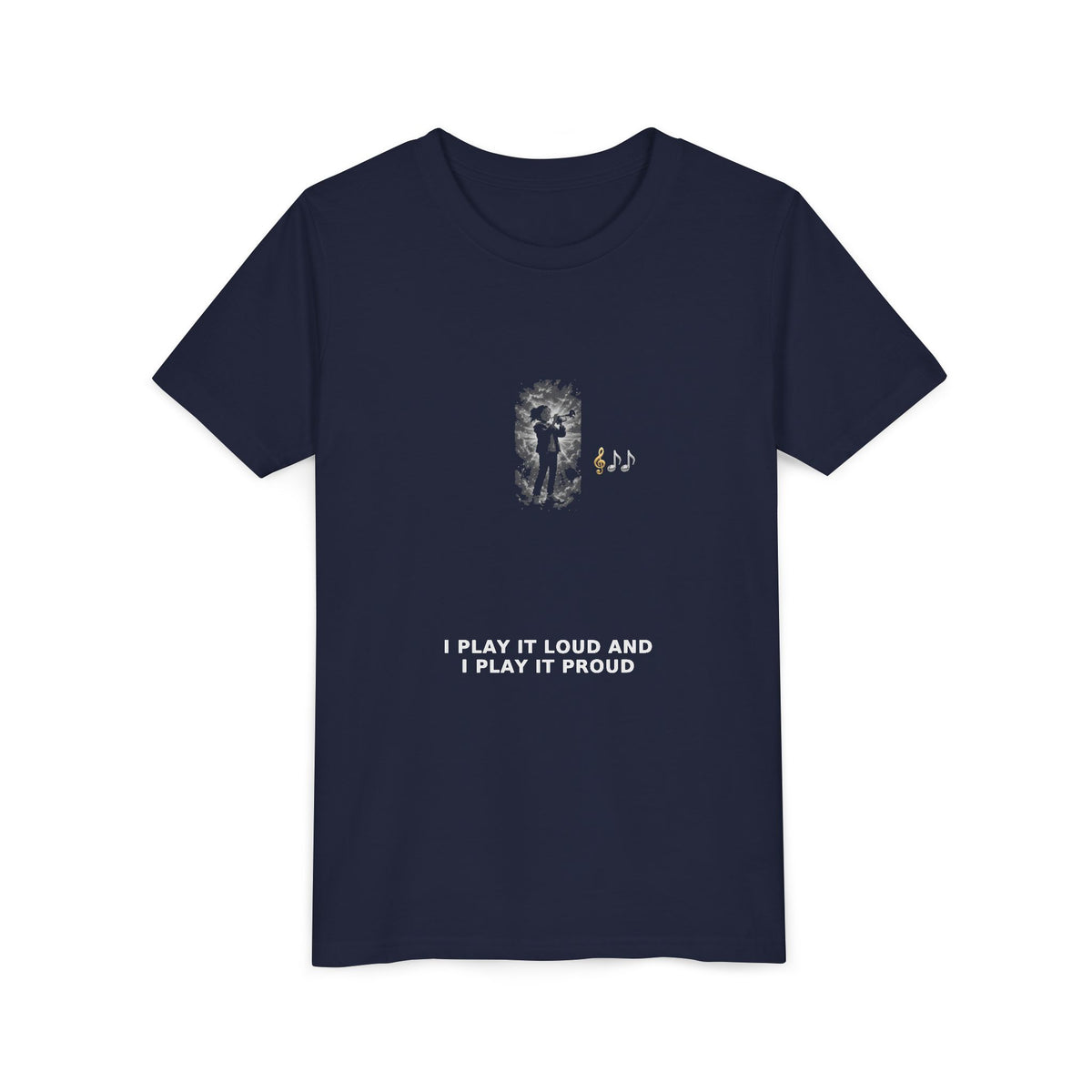 I Play It Loud and I Play It Proud — Girl Trumpet Pre-Teen Musician Tee (White Ink) (Front Print)
