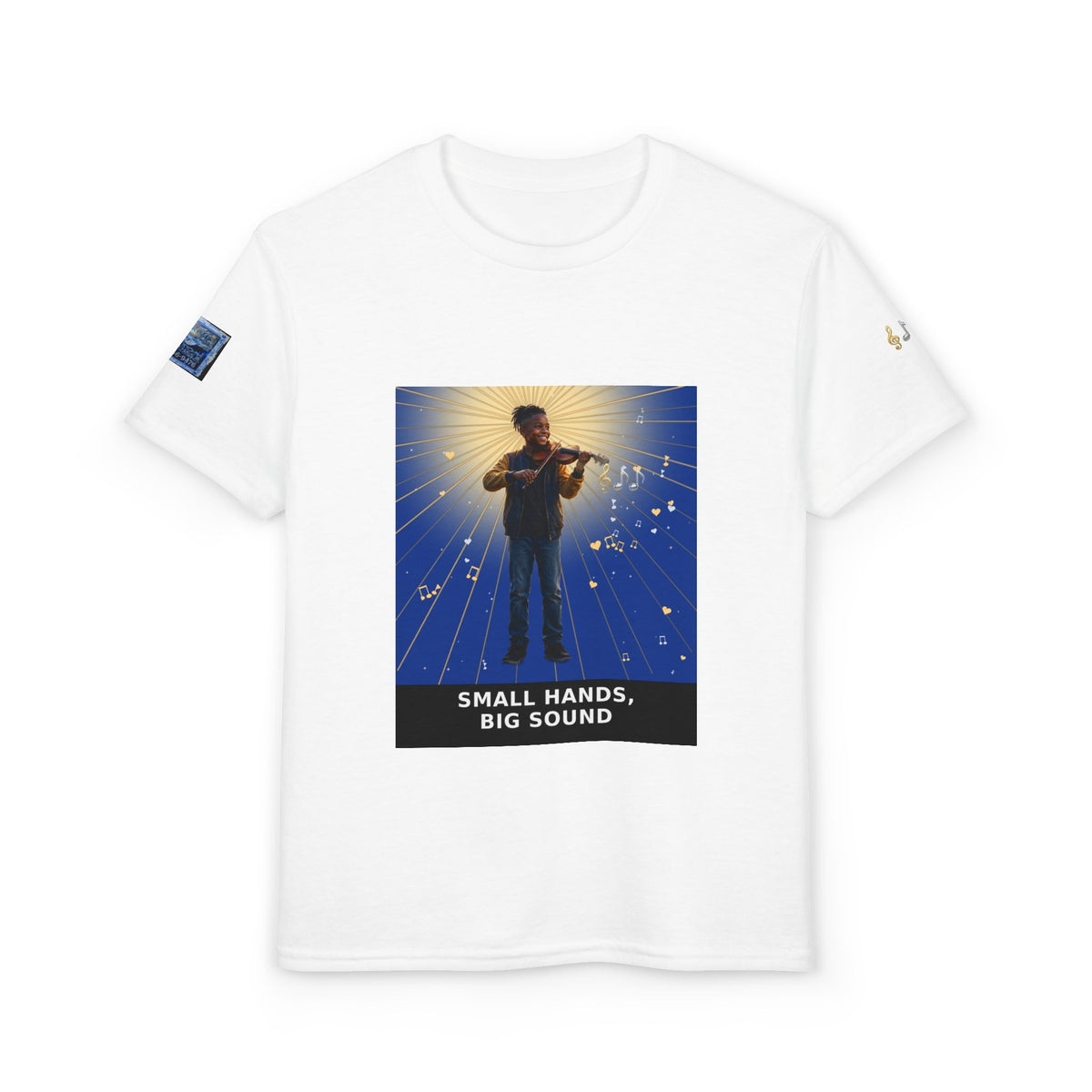 Small Hands, Big Sound — Black Boy Violin Pre-Teen Musician Tee (Deep Blue) (Budget Edition)