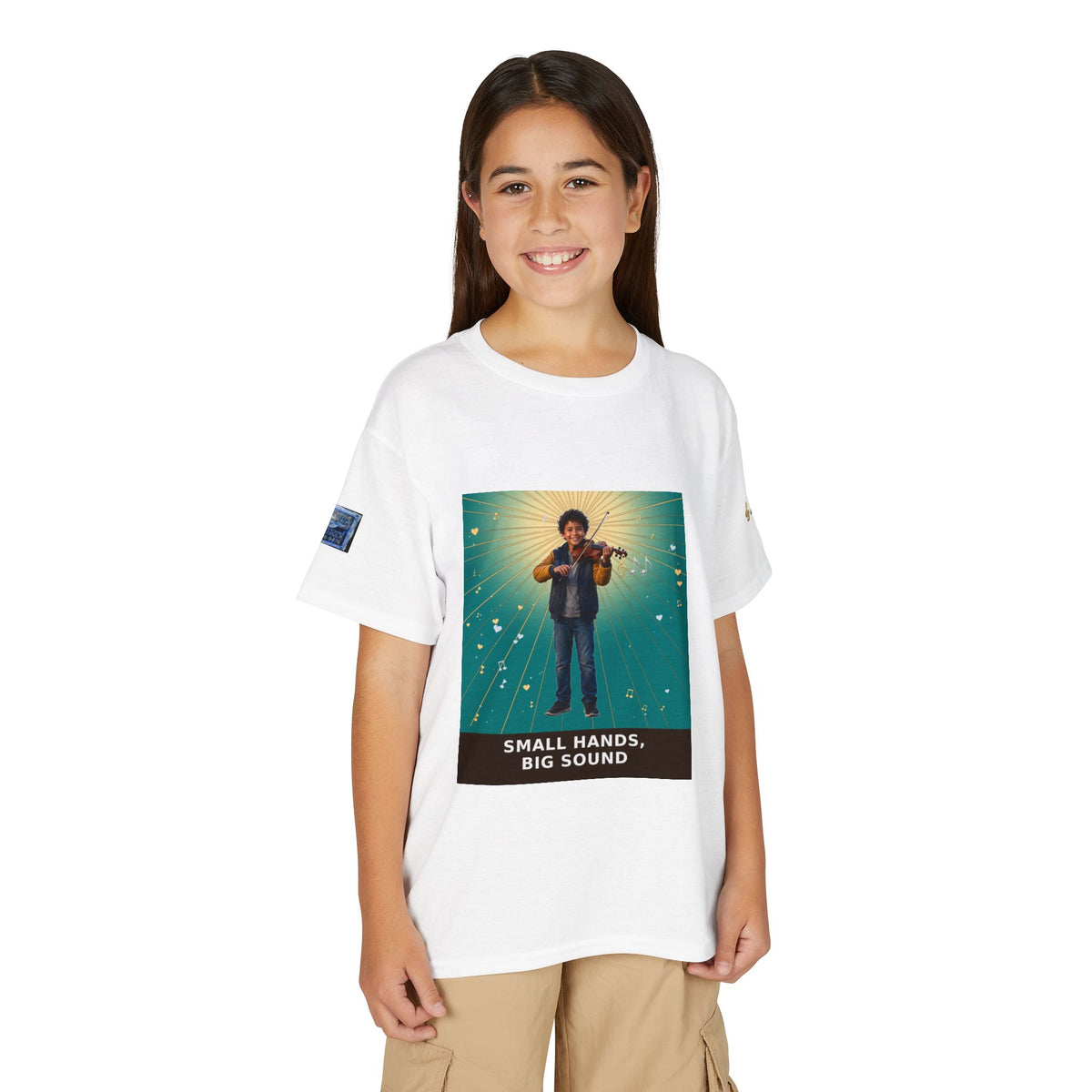 Small Hands, Big Sound — Latino Boy Violin Pre-Teen Musician Tee (Teal)