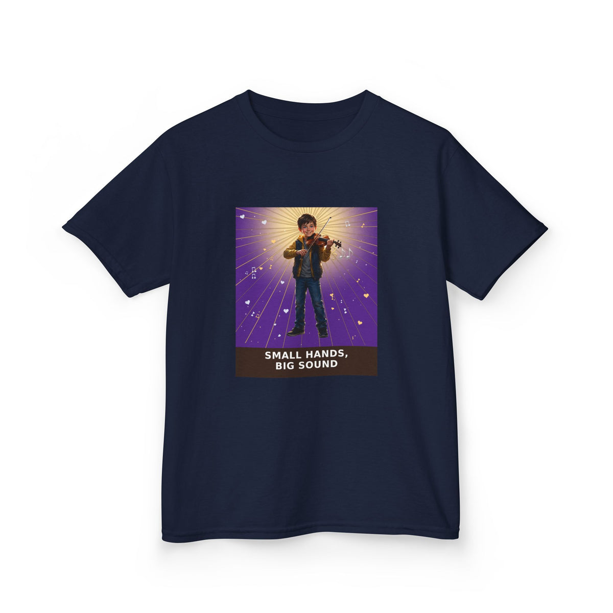 Small Hands, Big Sound — Boy Violin Pre-Teen Musician Tee (Royal Purple) (Budget Edition) (Front Print)