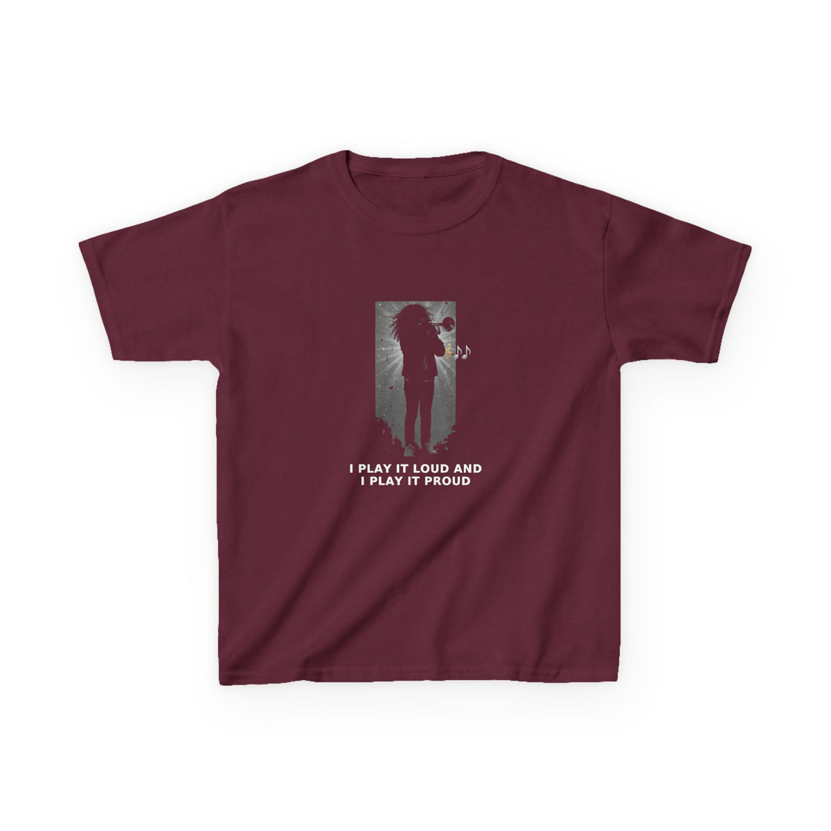 I Play It Loud and I Play It Proud — Latina Girl Trumpet Pre-Teen Musician Tee (White Ink) (Budget Edition) (Front Print)