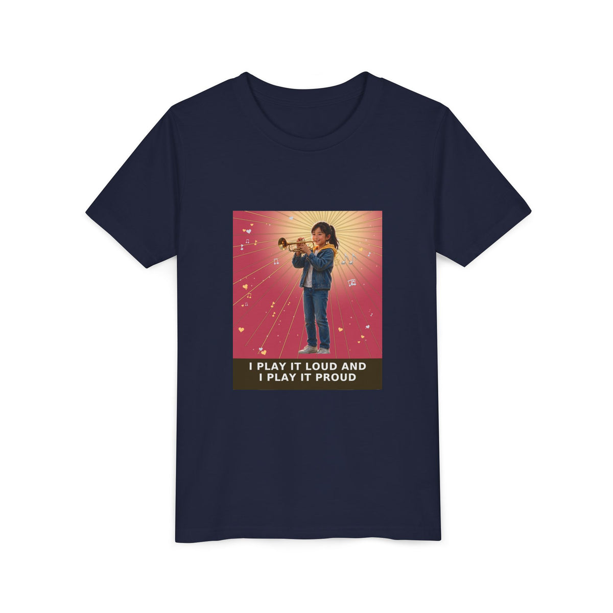 I Play It Loud and I Play It Proud — Asian Girl Trumpet Pre-Teen Musician Tee (Rose) (Front Print)