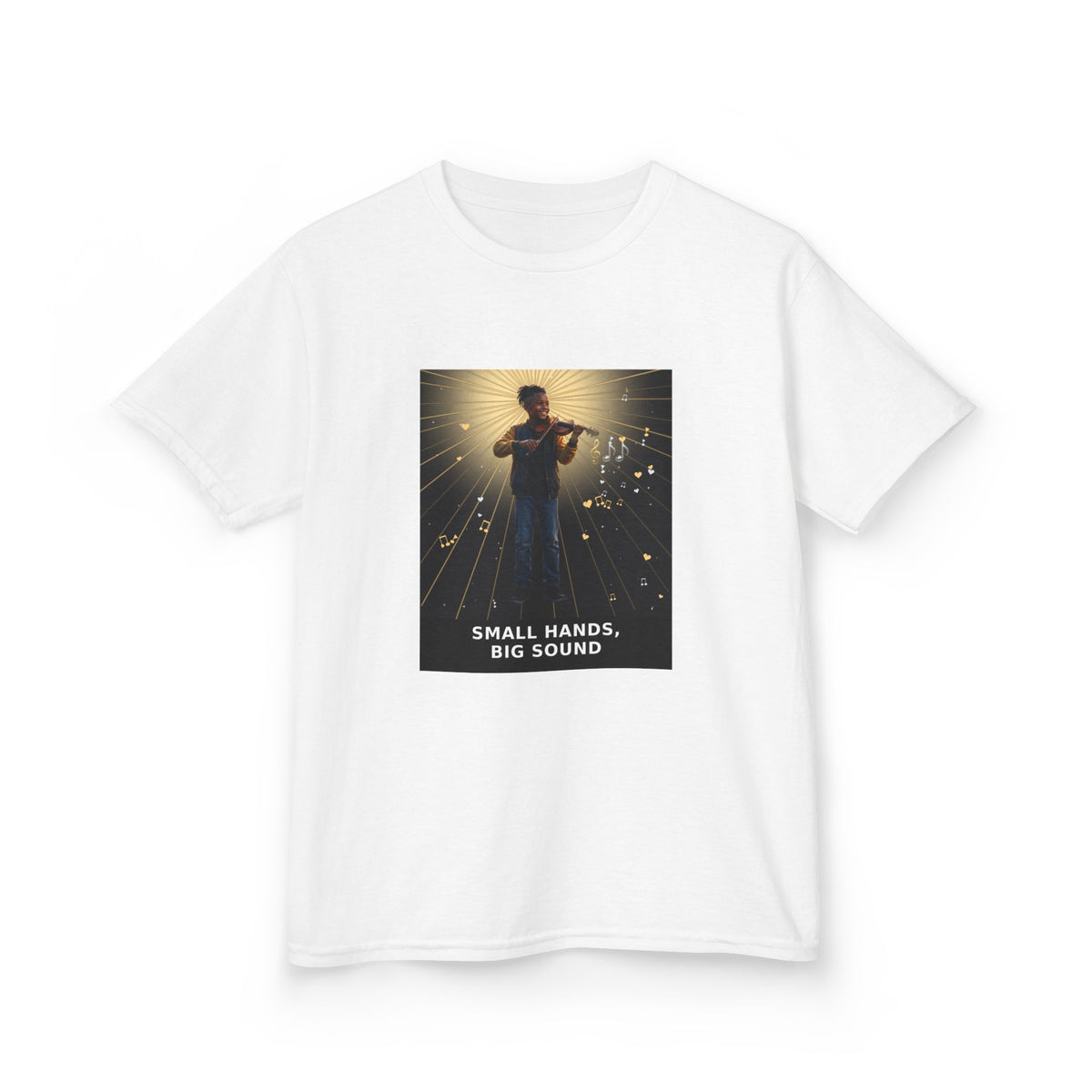 Small Hands, Big Sound — Black Boy Violin Pre-Teen Musician Tee (Budget Edition) (Front Print)