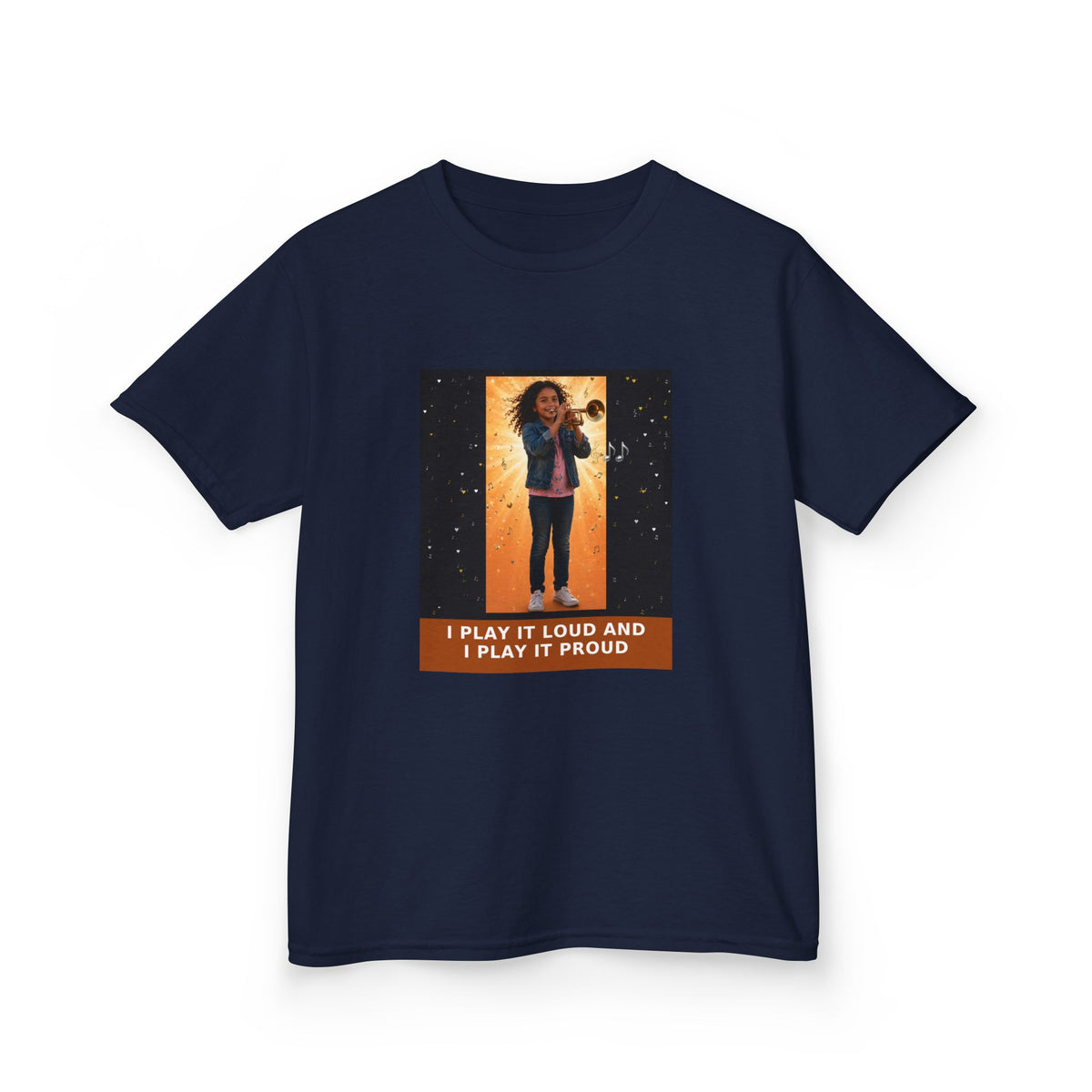 I Play It Loud and I Play It Proud — Latina Girl Trumpet Pre-Teen Musician Tee (Budget Edition) (Front Print)