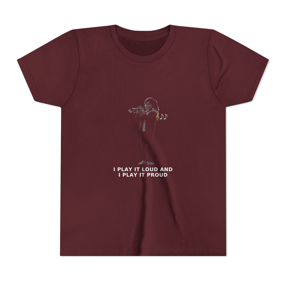 I Play It Loud and I Play It Proud — Asian Girl Trumpet Pre-Teen Musician Tee (White Ink) (Front Print)