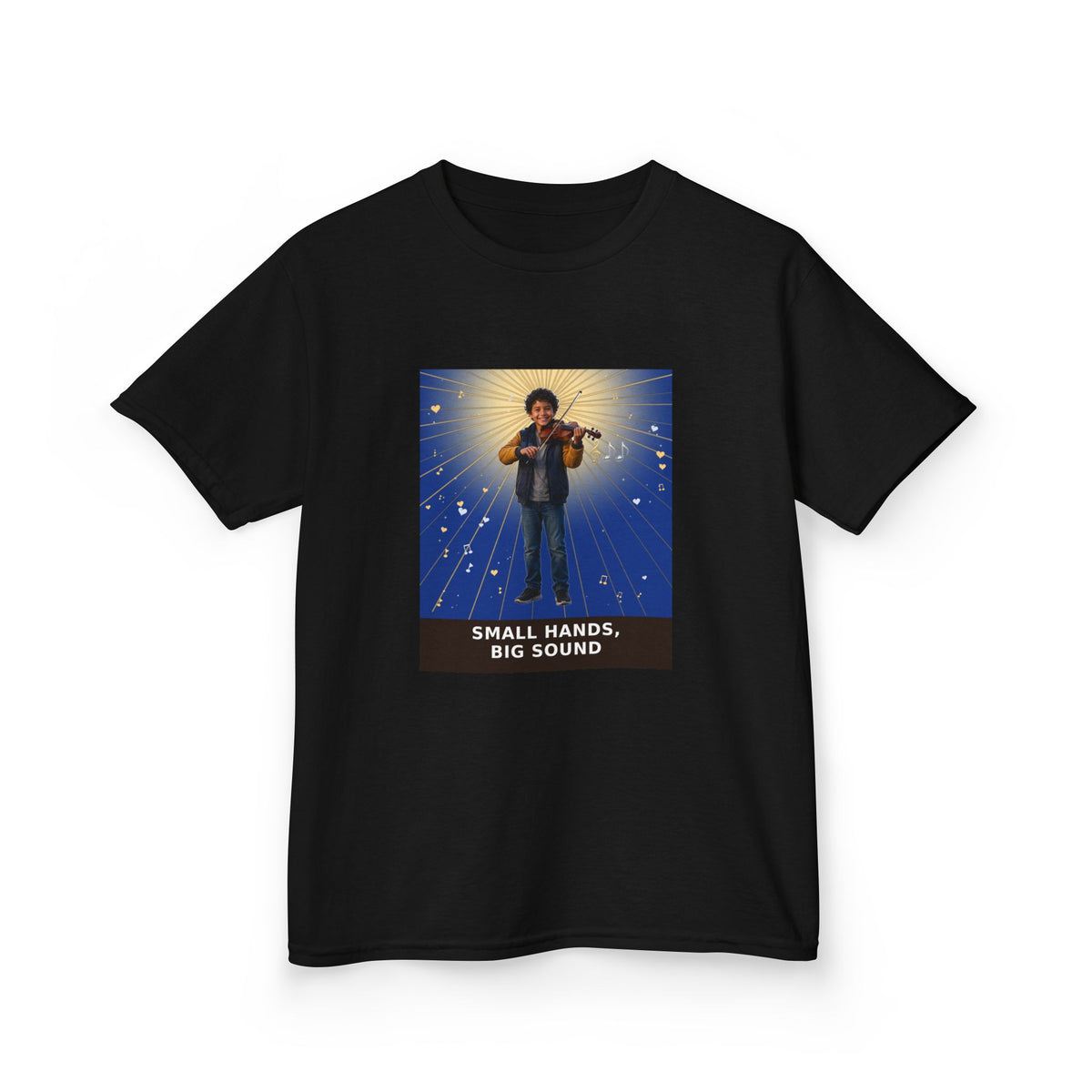 Small Hands, Big Sound — Latino Boy Violin Pre-Teen Musician Tee (Deep Blue) (Budget Edition) (Front Print)