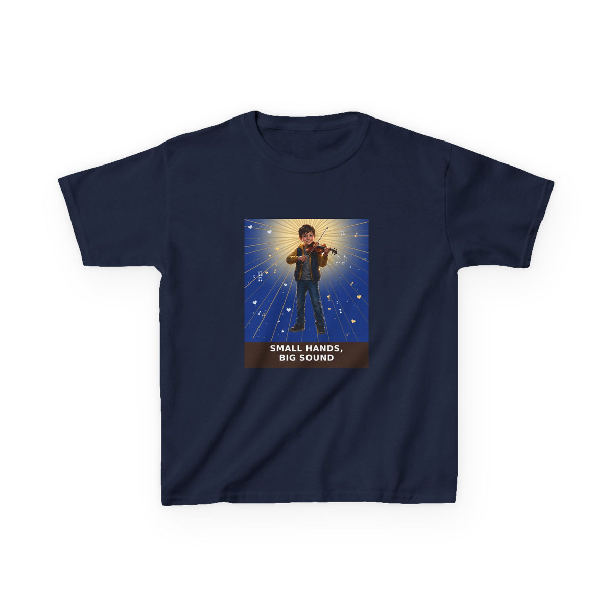 Small Hands, Big Sound — Boy Violin Pre-Teen Musician Tee (Deep Blue) (Budget Edition) (Front Print)