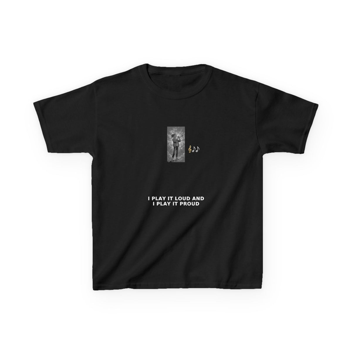 I Play It Loud and I Play It Proud — Girl Trumpet Pre-Teen Musician Tee (White Ink) (Budget Edition) (Front Print)