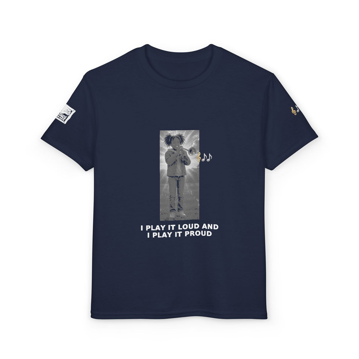 I Play It Loud and I Play It Proud — Black Girl Trumpet Pre-Teen Musician Tee (White Ink)