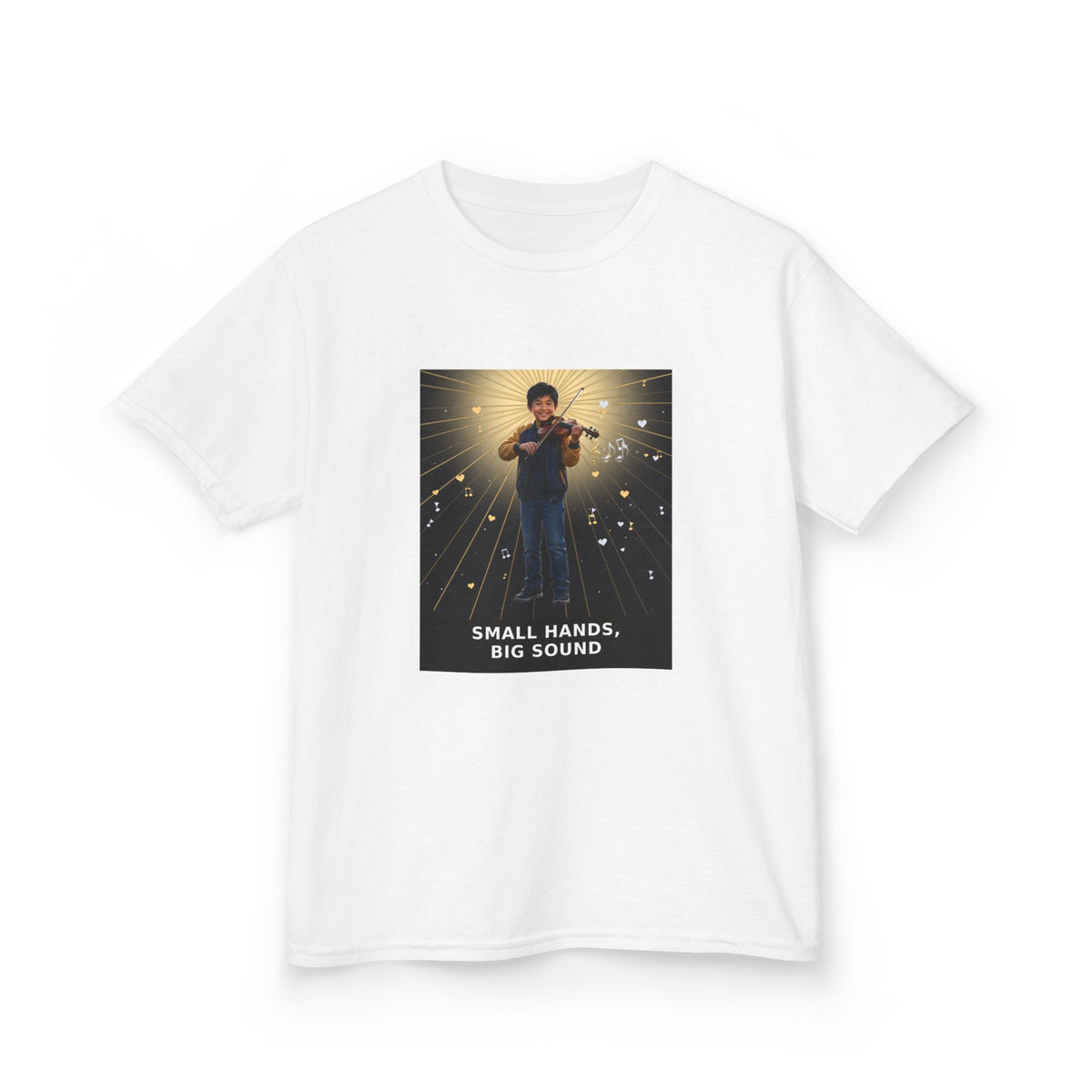 Small Hands, Big Sound — Asian Boy Violin Pre-Teen Musician Tee (Budget Edition) (Front Print)