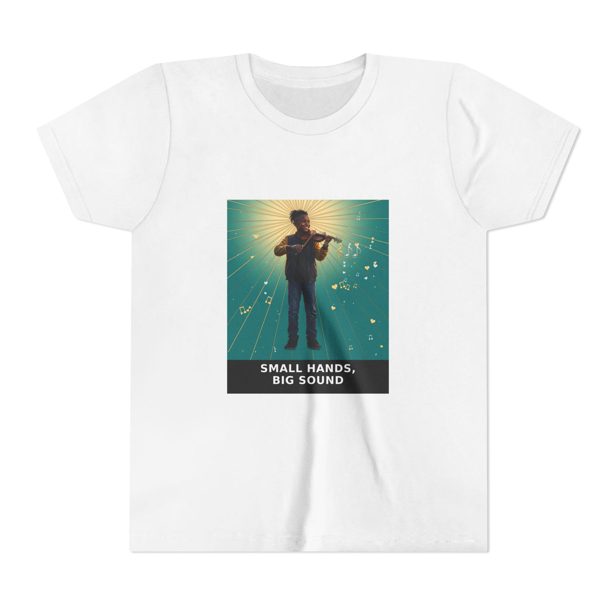 Small Hands, Big Sound — Black Boy Violin Pre-Teen Musician Tee (Teal) (Front Print)