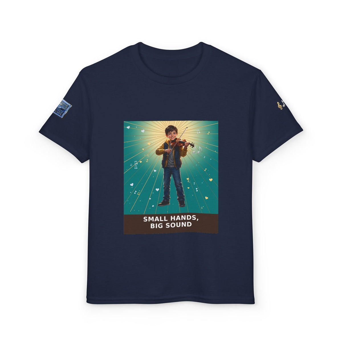 Small Hands, Big Sound — Boy Violin Pre-Teen Musician Tee (Teal)