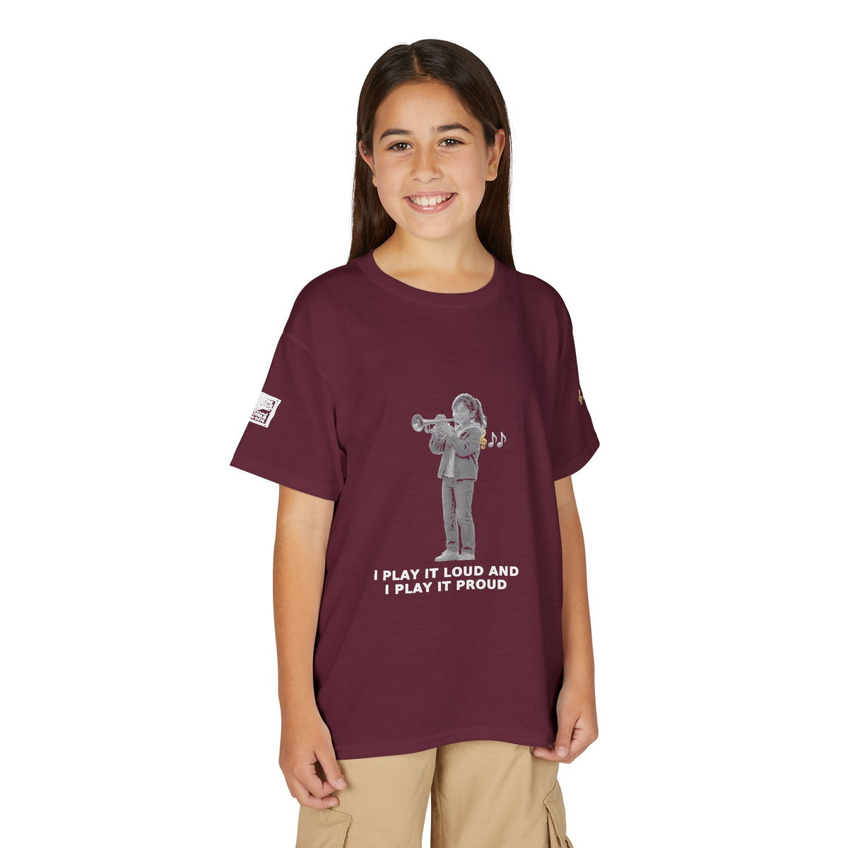 I Play It Loud and I Play It Proud — Asian Girl Trumpet Pre-Teen Musician Tee (White Ink) (Budget Edition)