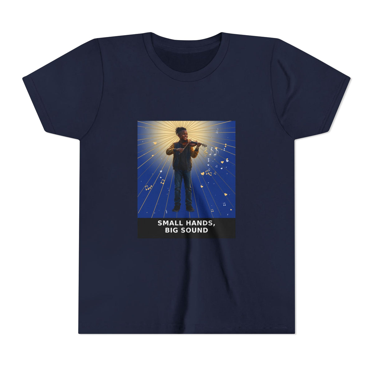 Small Hands, Big Sound — Black Boy Violin Pre-Teen Musician Tee (Deep Blue) (Front Print)
