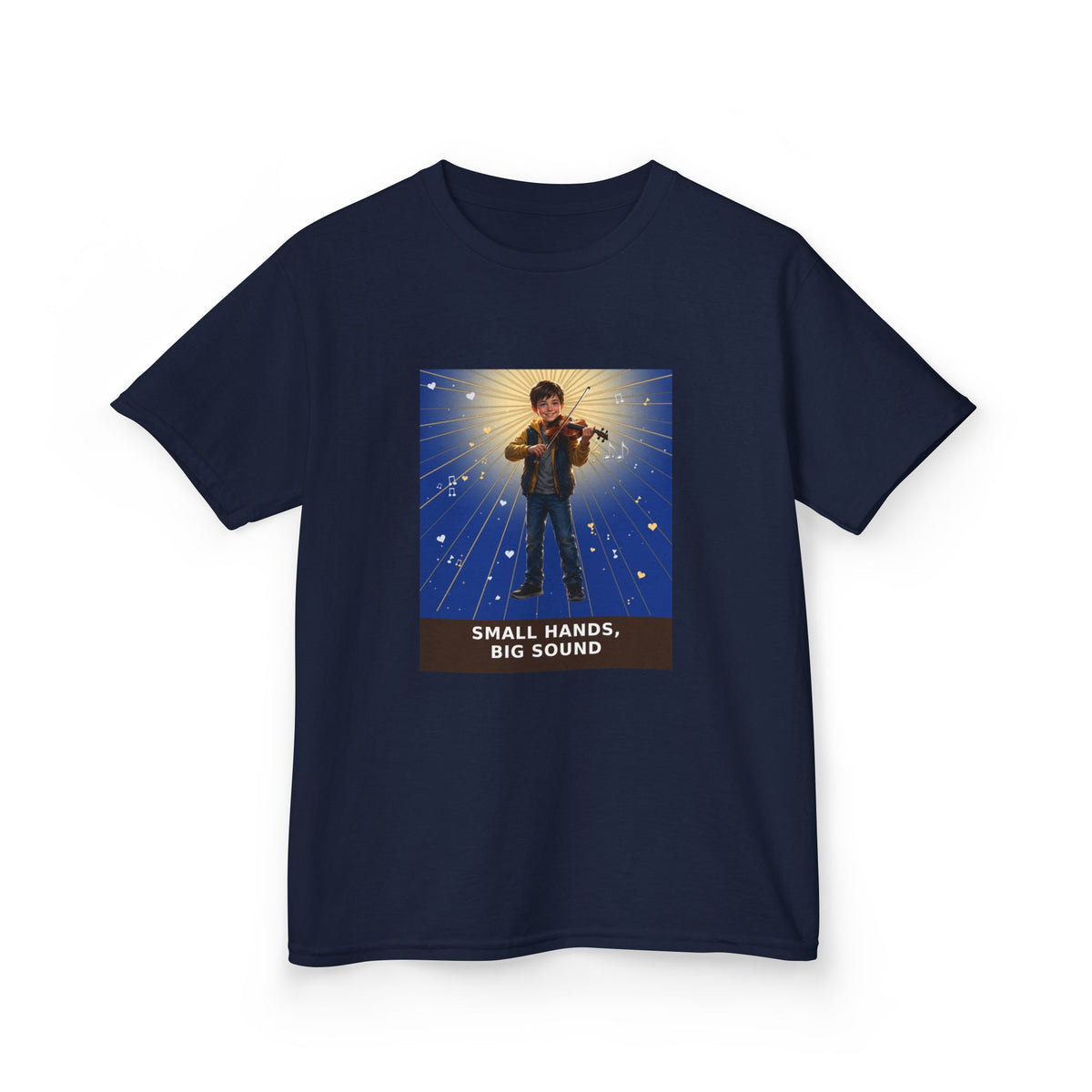 Small Hands, Big Sound — Boy Violin Pre-Teen Musician Tee (Deep Blue) (Budget Edition) (Front Print)