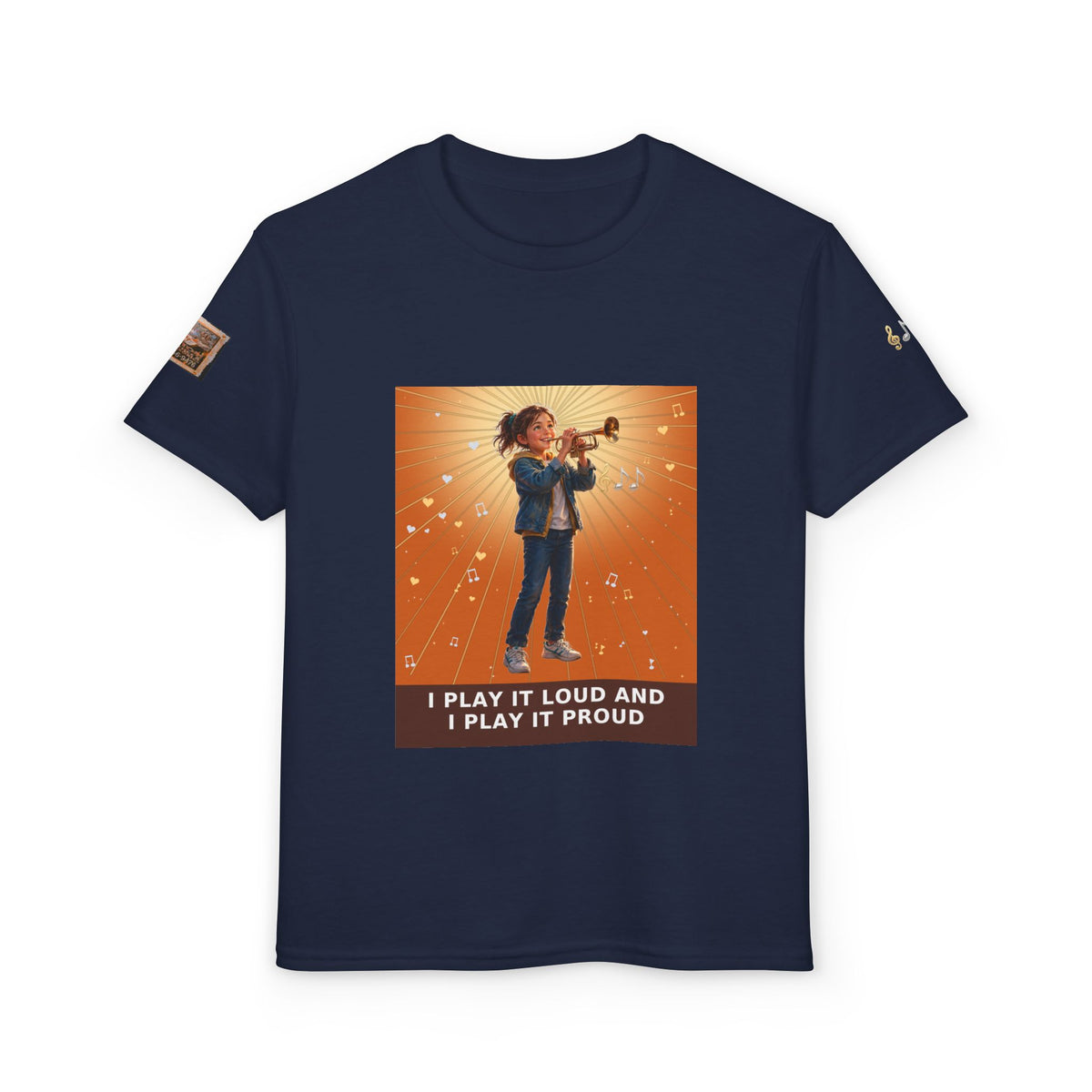 I Play It Loud and I Play It Proud — Girl Trumpet Pre-Teen Musician Tee (Sunset Orange)