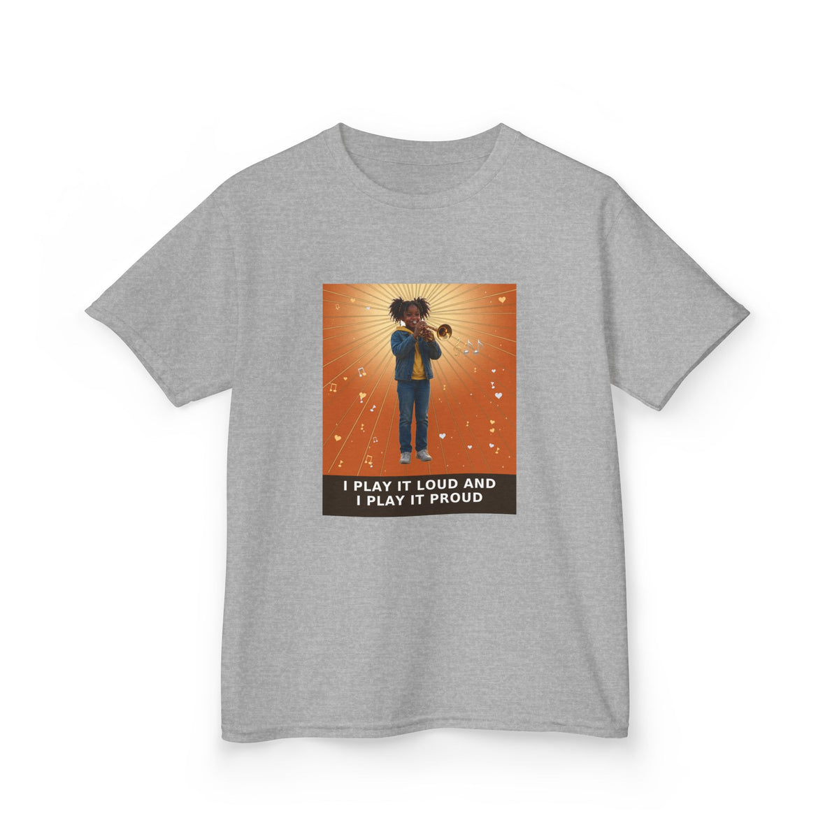 I Play It Loud and I Play It Proud — Black Girl Trumpet Pre-Teen Musician Tee (Sunset Orange) (Budget Edition) (Front Print)