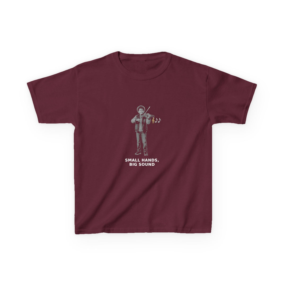 Small Hands, Big Sound — Latino Boy Violin Pre-Teen Musician Tee (White Ink) (Budget Edition) (Front Print)