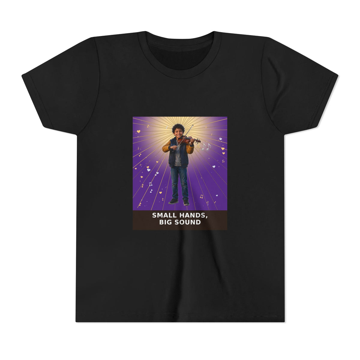 Small Hands, Big Sound — Latino Boy Violin Pre-Teen Musician Tee (Royal Purple) (Front Print)