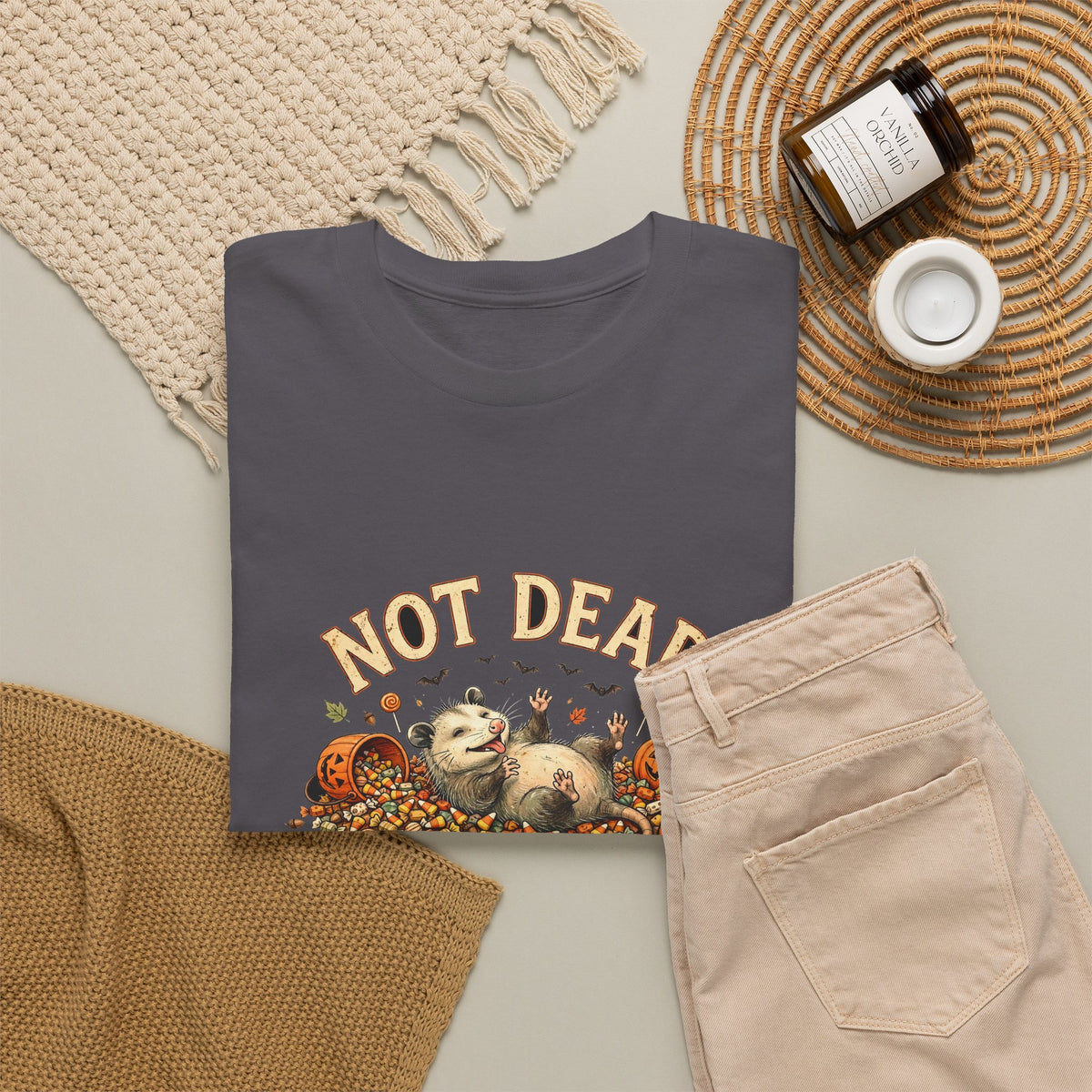 Possum Halloween T-Shirt - Not Dead Just in a Candy Coma Funny Opossum Vintage Tee, Spooky Candy Pile Gift - Budget Edition