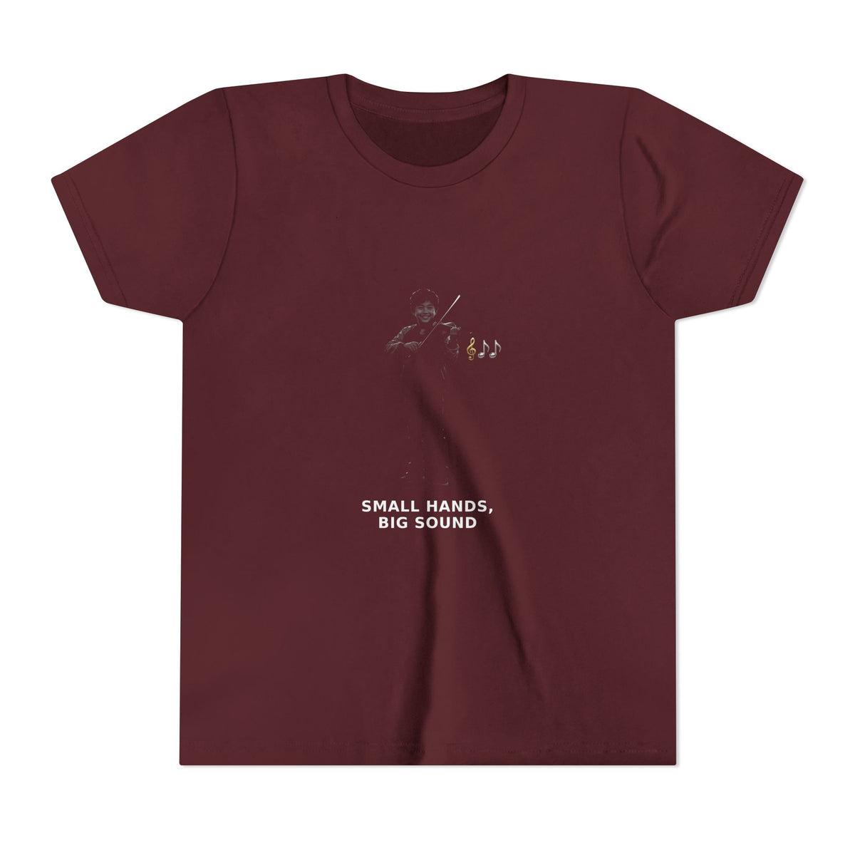 Small Hands, Big Sound — Asian Boy Violin Pre-Teen Musician Tee (White Ink) (Front Print)