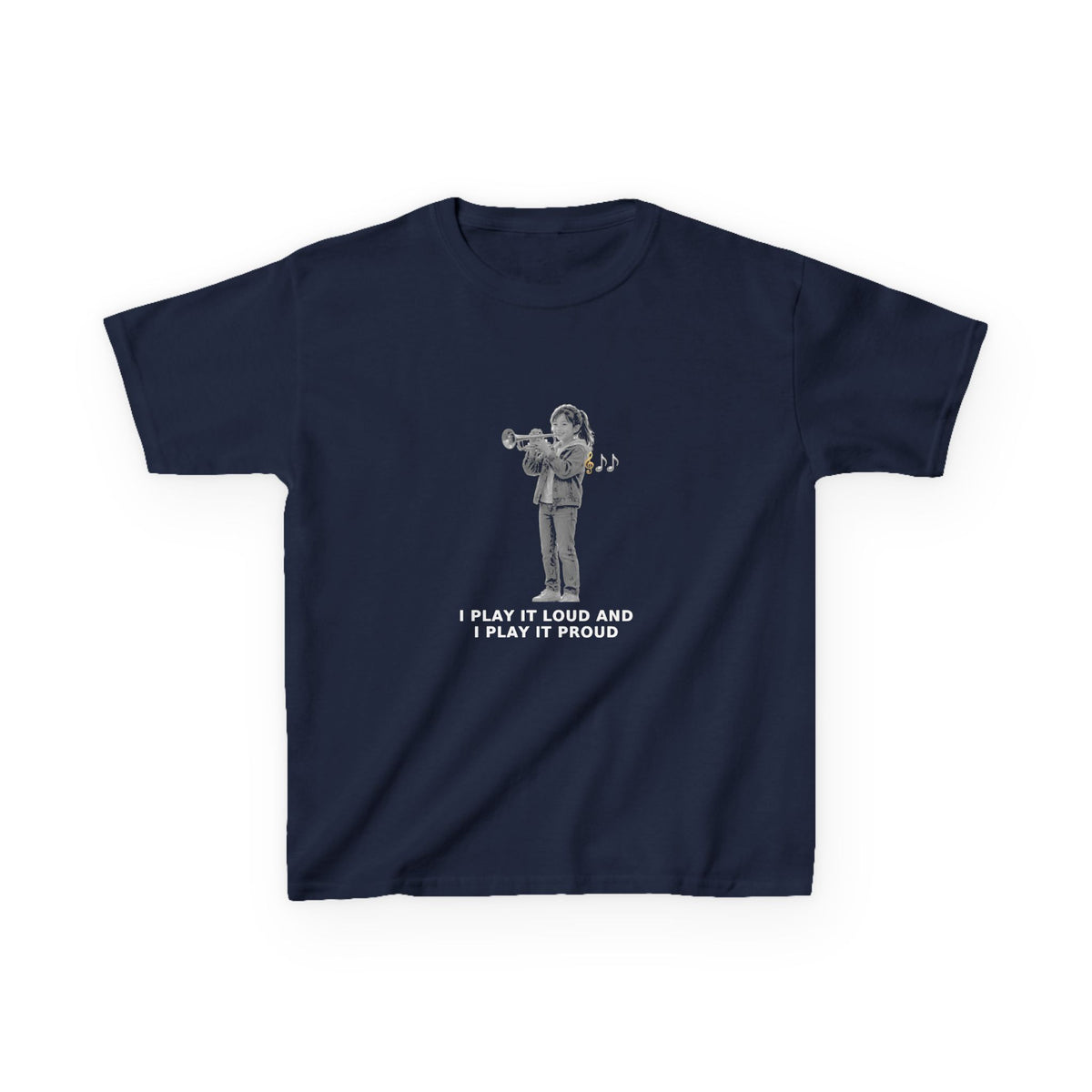 I Play It Loud and I Play It Proud — Asian Girl Trumpet Pre-Teen Musician Tee (White Ink) (Budget Edition) (Front Print)