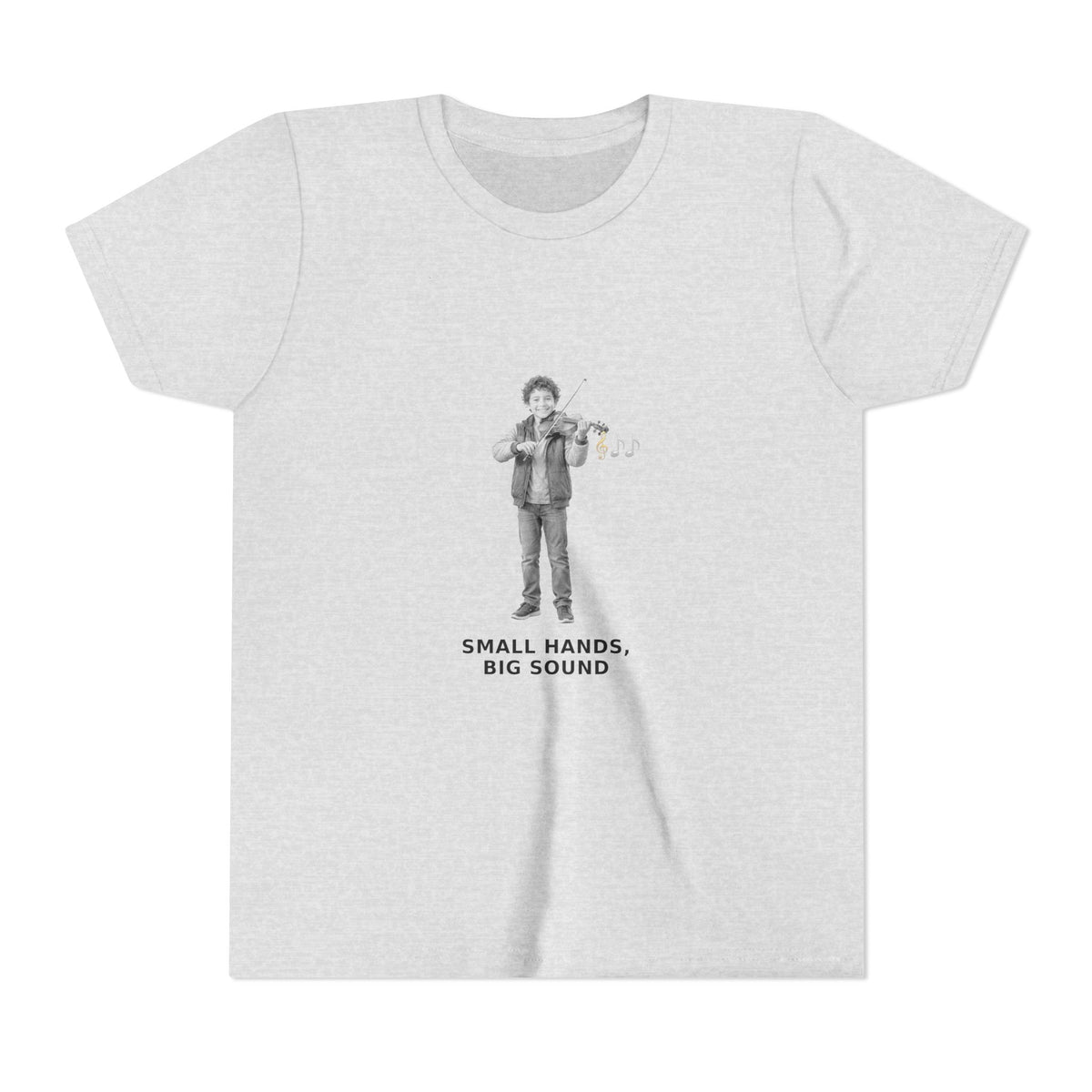Small Hands, Big Sound — Latino Boy Violin Pre-Teen Musician Tee (Black Ink) (Front Print)