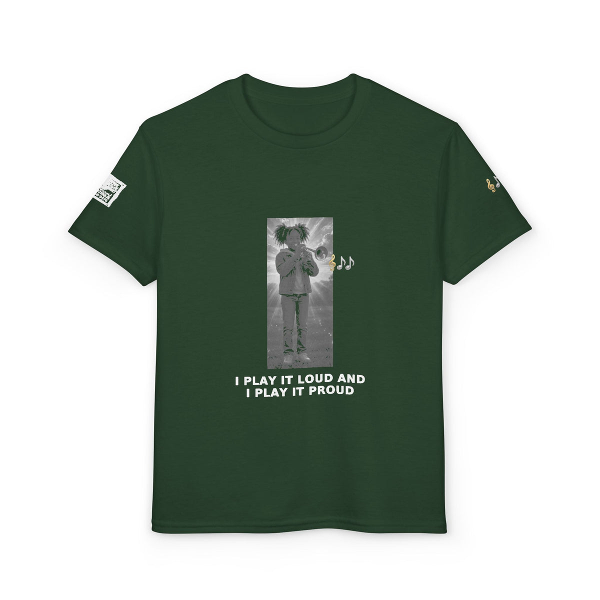 I Play It Loud and I Play It Proud — Black Girl Trumpet Pre-Teen Musician Tee (White Ink)