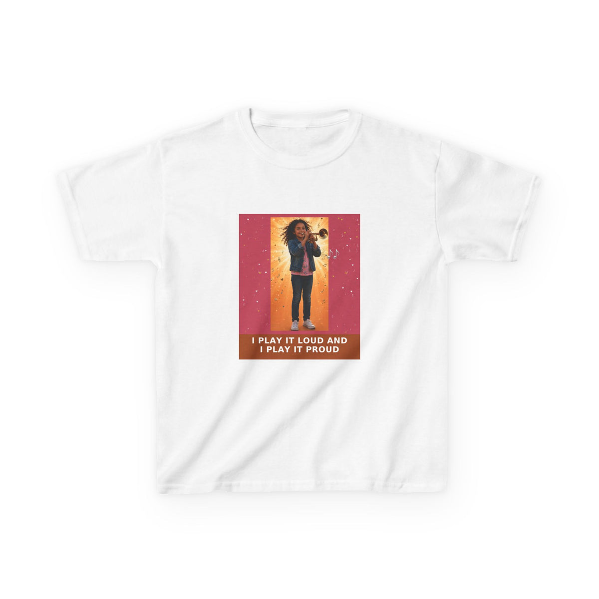 I Play It Loud and I Play It Proud — Latina Girl Trumpet Pre-Teen Musician Tee (Rose) (Budget Edition) (Front Print)