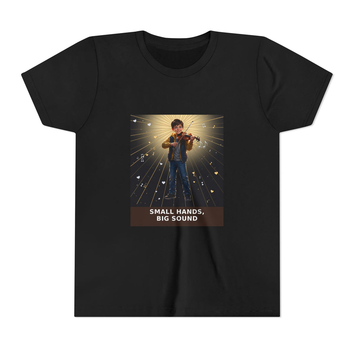 Small Hands, Big Sound — Boy Violin Pre-Teen Musician Tee (Front Print)
