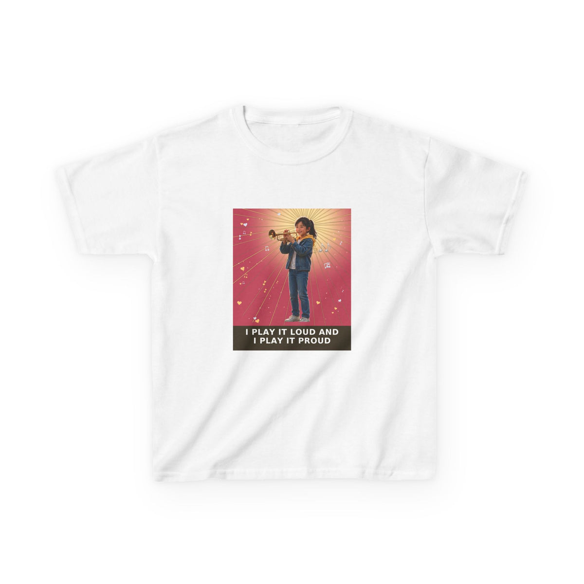 I Play It Loud and I Play It Proud — Asian Girl Trumpet Pre-Teen Musician Tee (Rose) (Budget Edition) (Front Print)