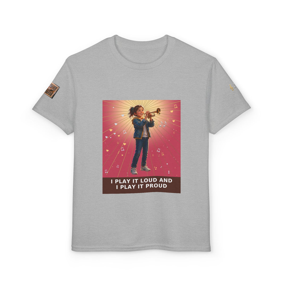 I Play It Loud and I Play It Proud — Girl Trumpet Pre-Teen Musician Tee (Rose)