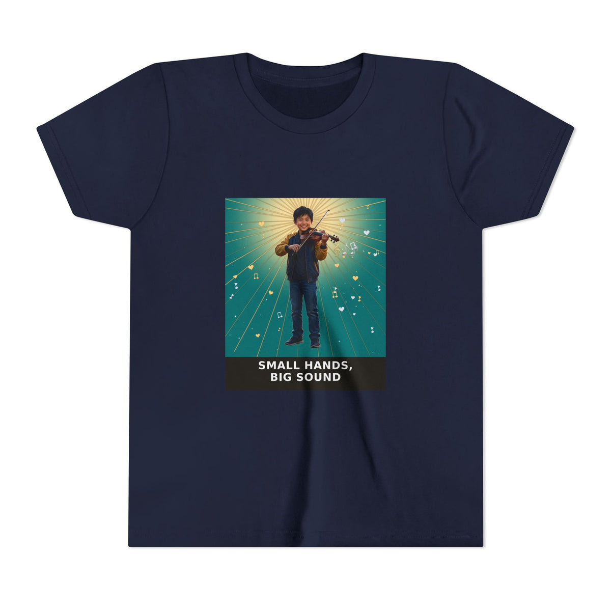 Small Hands, Big Sound — Asian Boy Violin Pre-Teen Musician Tee (Teal) (Front Print)