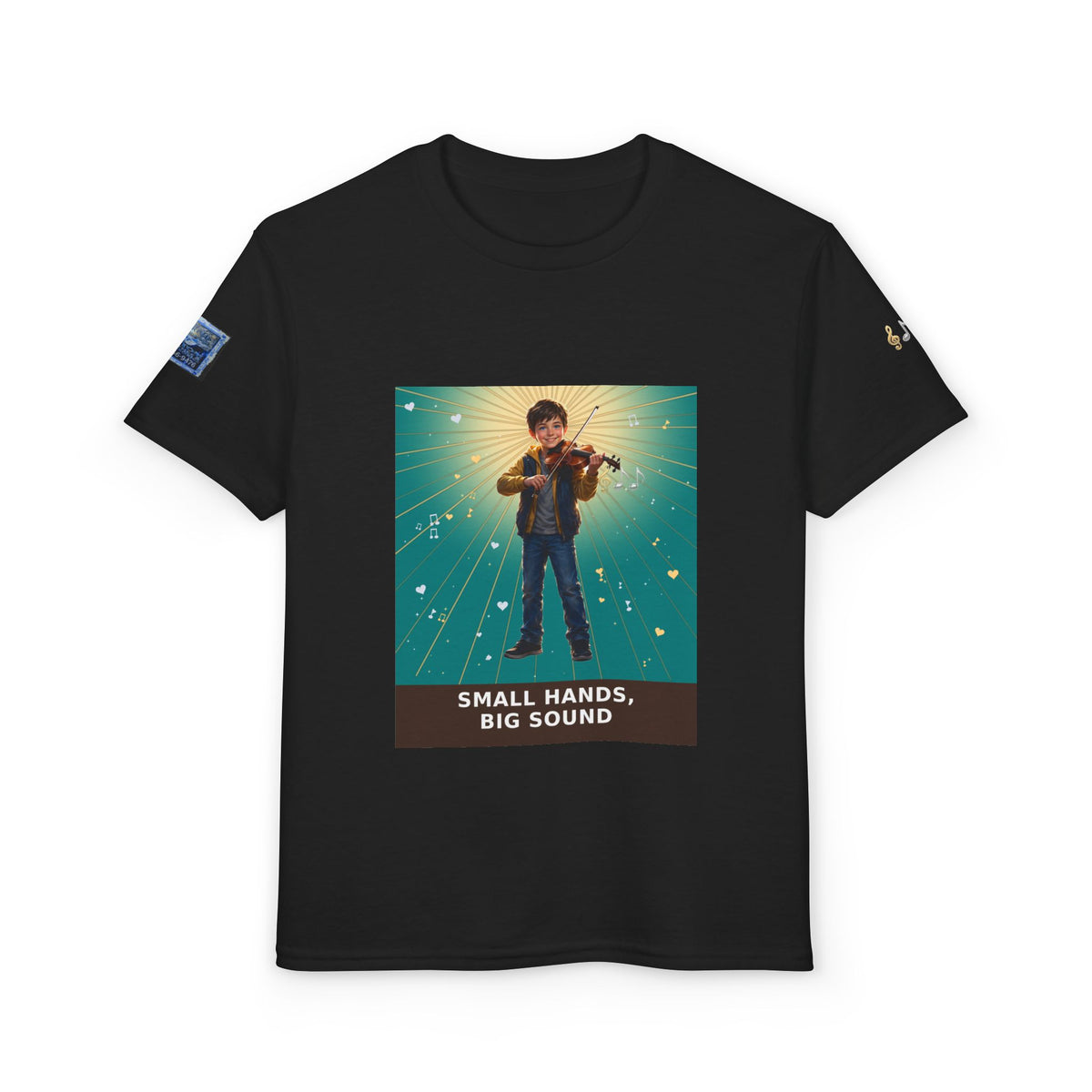 Small Hands, Big Sound — Boy Violin Pre-Teen Musician Tee (Teal) (Budget Edition)
