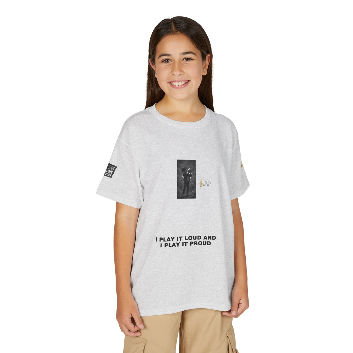 I Play It Loud and I Play It Proud — Girl Trumpet Pre-Teen Musician Tee (Black Ink)