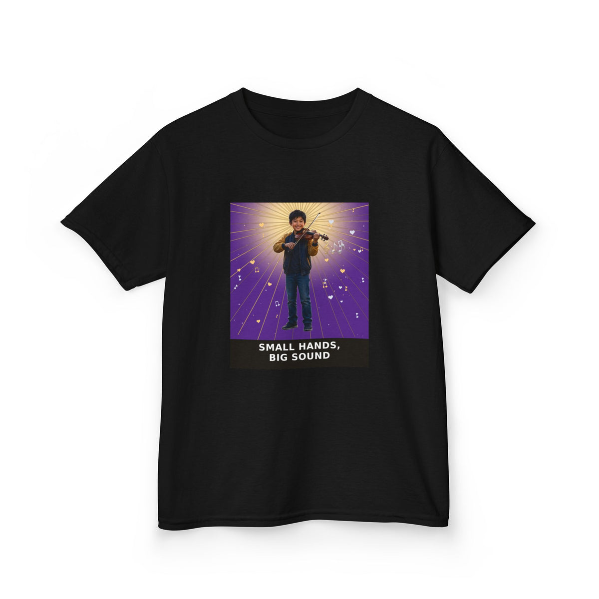 Small Hands, Big Sound — Asian Boy Violin Pre-Teen Musician Tee (Royal Purple) (Budget Edition) (Front Print)
