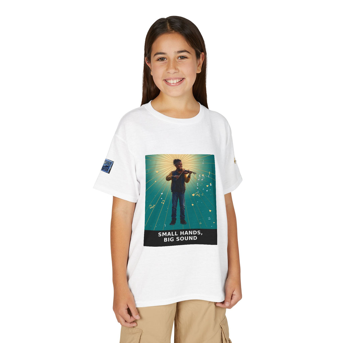 Small Hands, Big Sound — Black Boy Violin Pre-Teen Musician Tee (Teal)