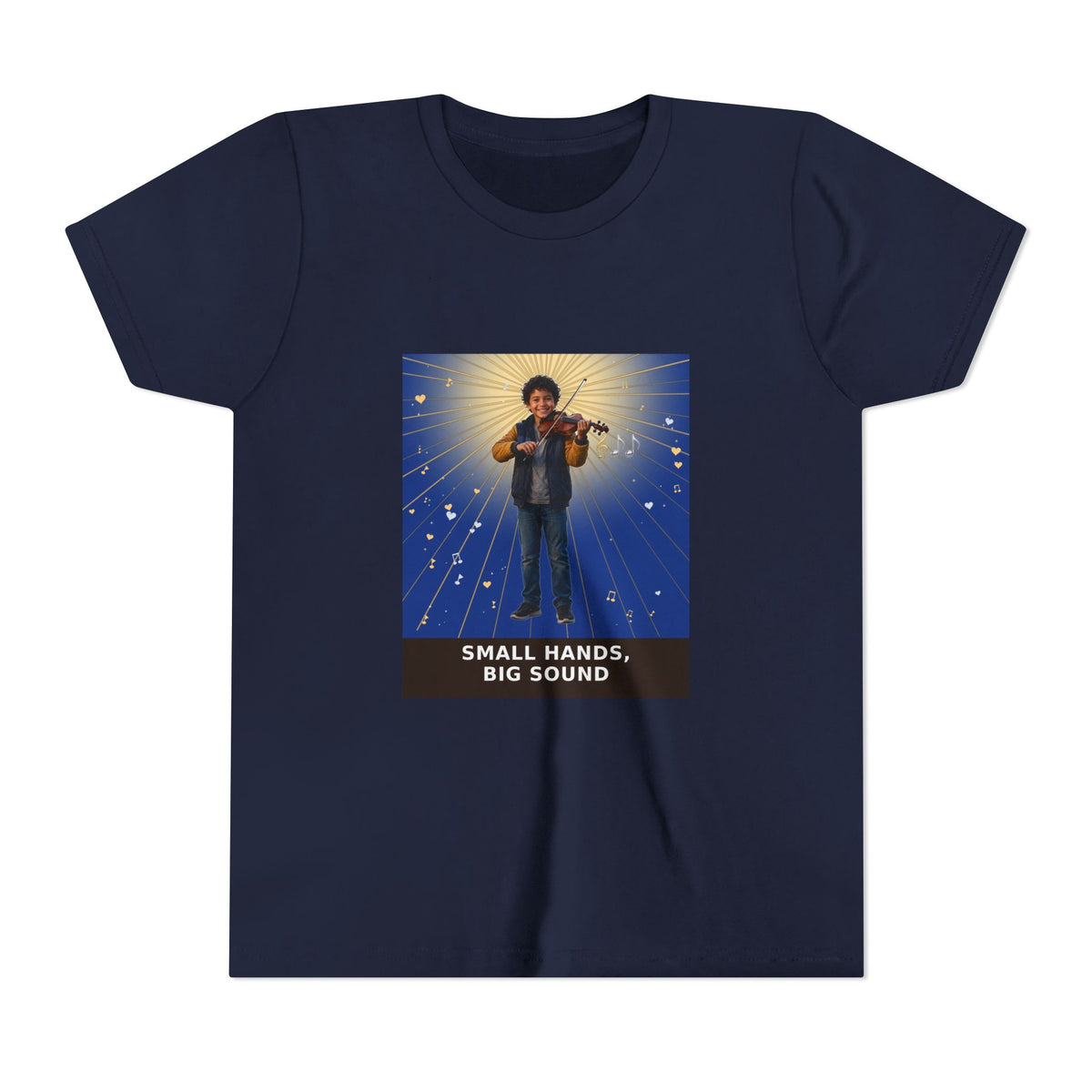 Small Hands, Big Sound — Latino Boy Violin Pre-Teen Musician Tee (Deep Blue) (Front Print)