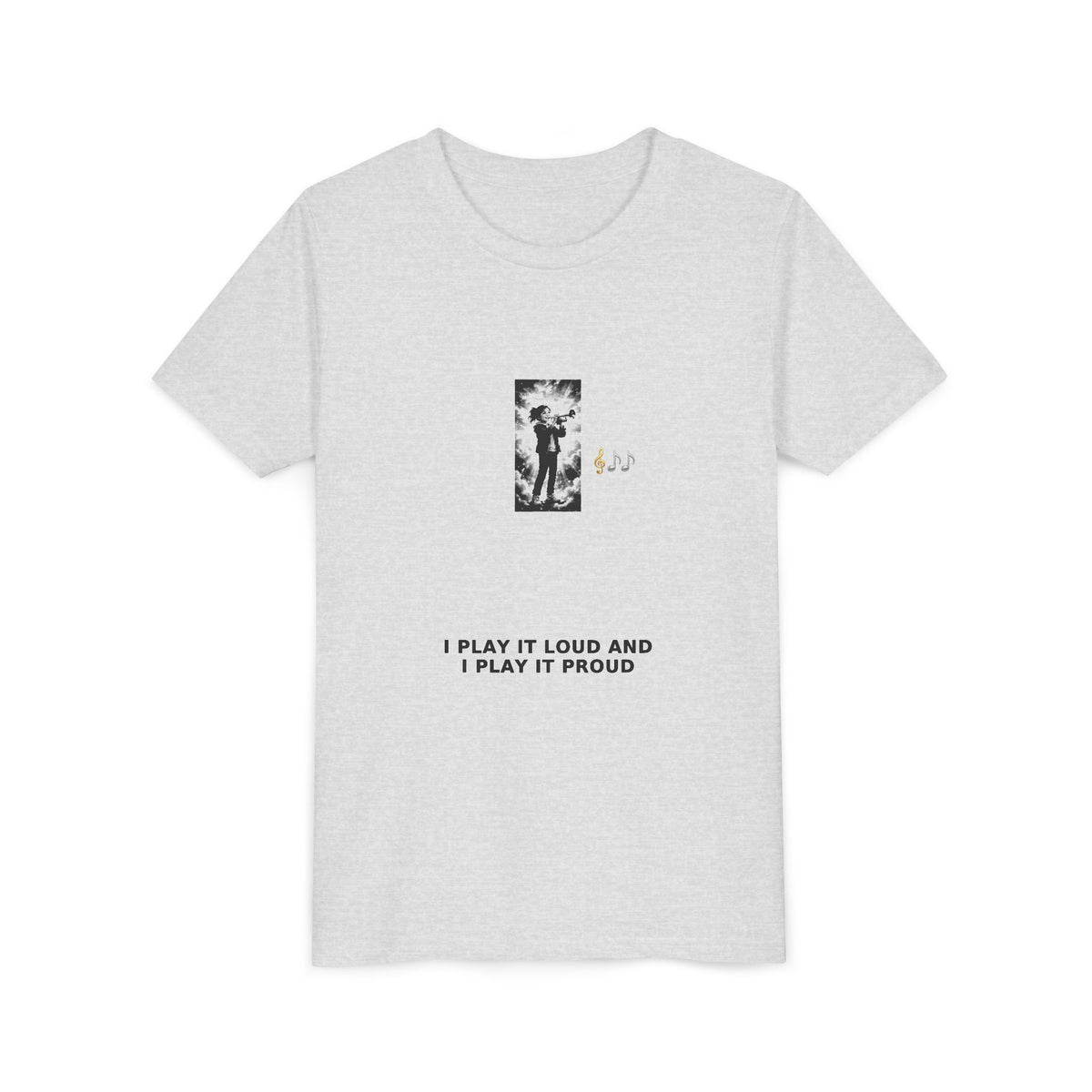 I Play It Loud and I Play It Proud — Girl Trumpet Pre-Teen Musician Tee (Black Ink) (Front Print)