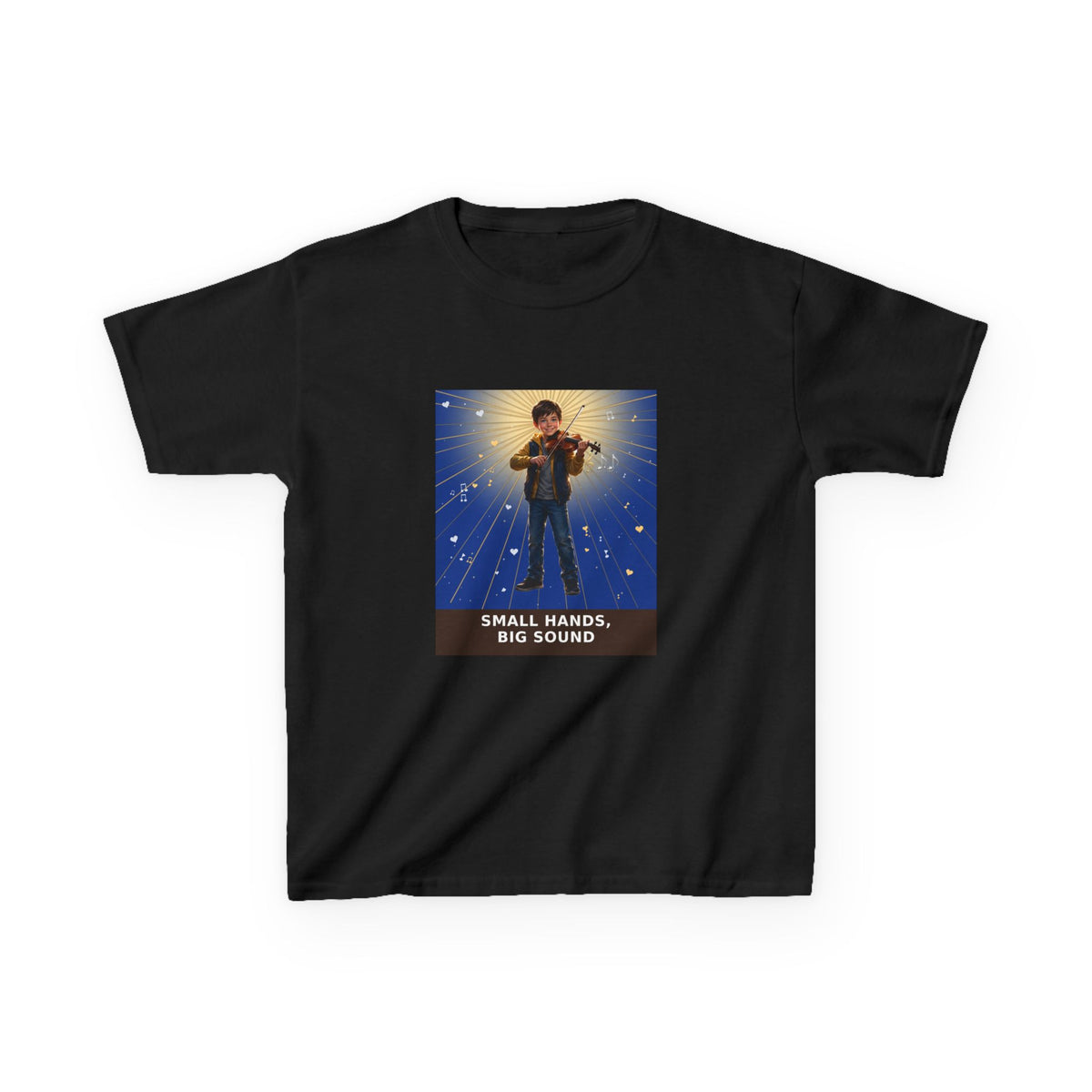Small Hands, Big Sound — Boy Violin Pre-Teen Musician Tee (Deep Blue) (Budget Edition) (Front Print)