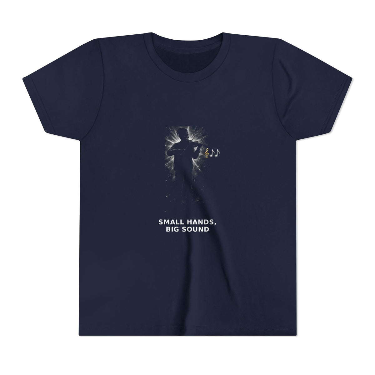 Small Hands, Big Sound — Black Boy Violin Pre-Teen Musician Tee (White Ink) (Front Print)