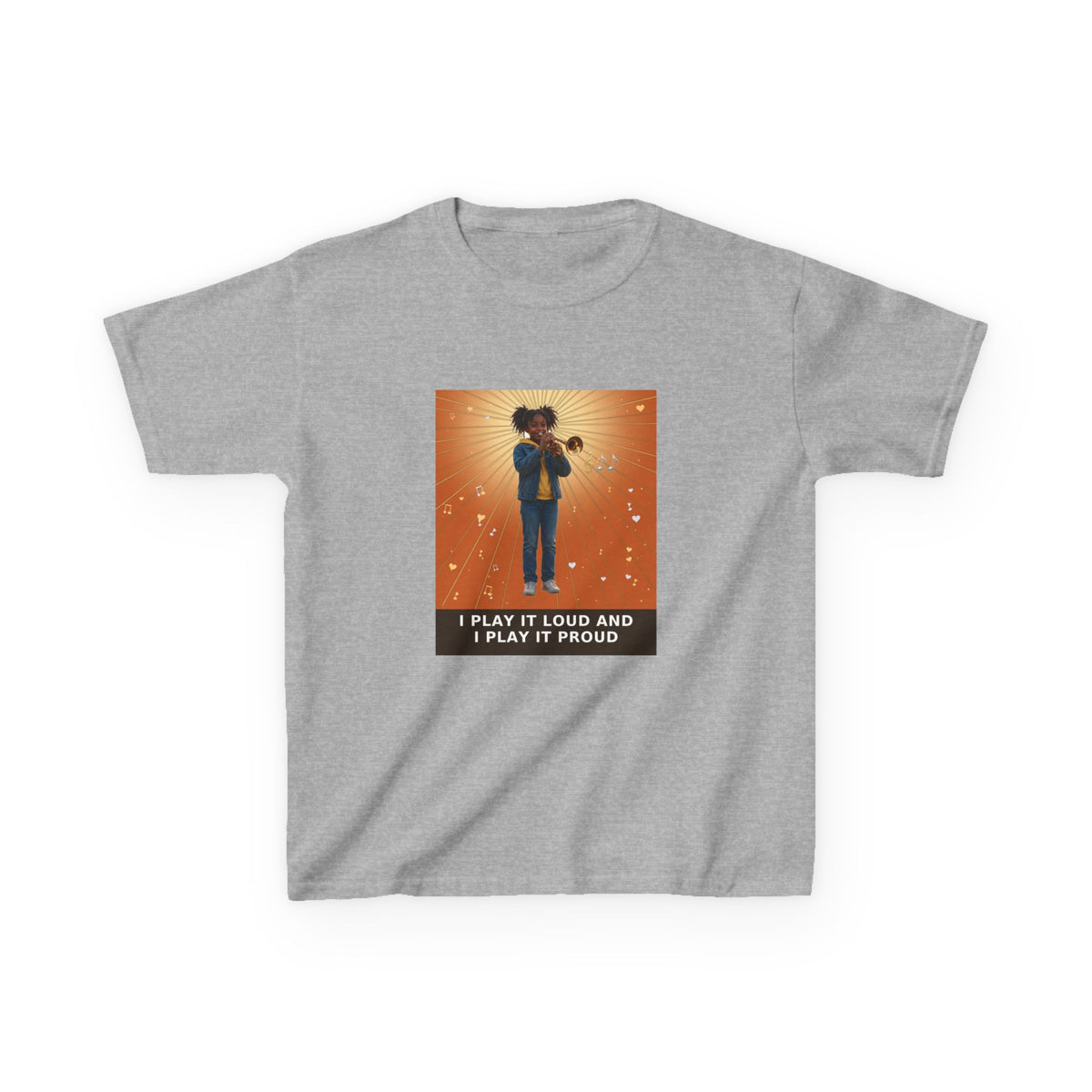 I Play It Loud and I Play It Proud — Black Girl Trumpet Pre-Teen Musician Tee (Sunset Orange) (Budget Edition) (Front Print)