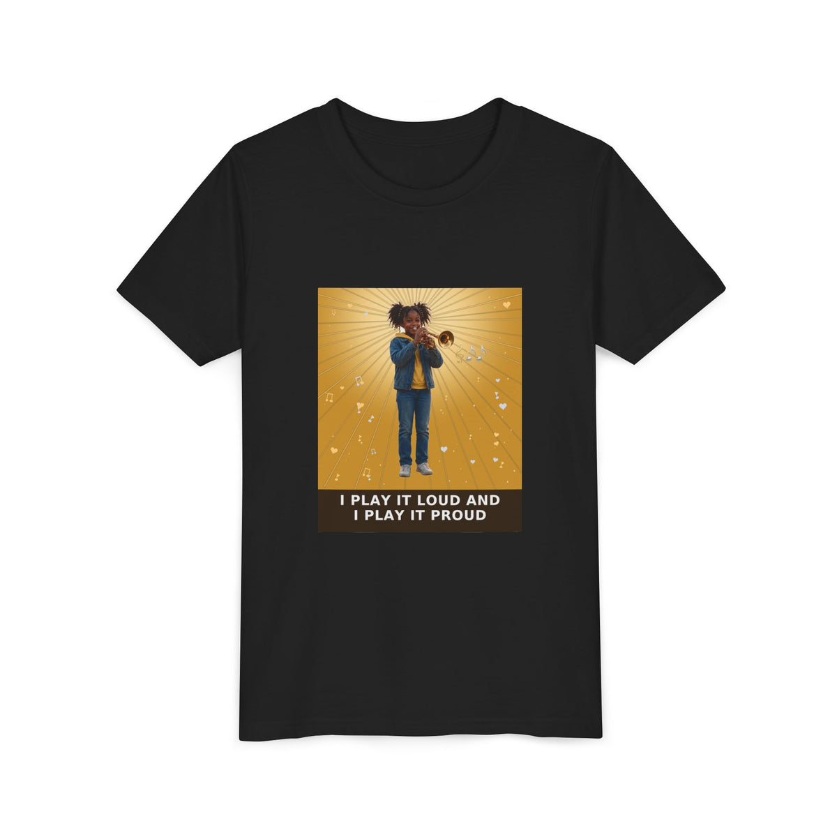 I Play It Loud and I Play It Proud — Black Girl Trumpet Pre-Teen Musician Tee (Golden Amber) (Front Print)