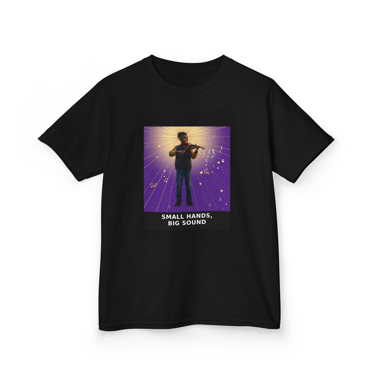 Small Hands, Big Sound — Black Boy Violin Pre-Teen Musician Tee (Royal Purple) (Budget Edition) (Front Print)